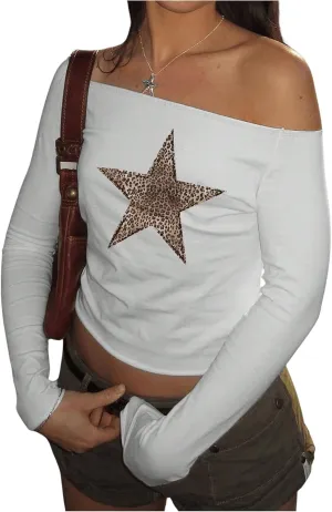 WDIRARA Women's Leopard Star Print Off The Shoulder Long Sleeve Top Y2k Crop Slim Fit T Shirts