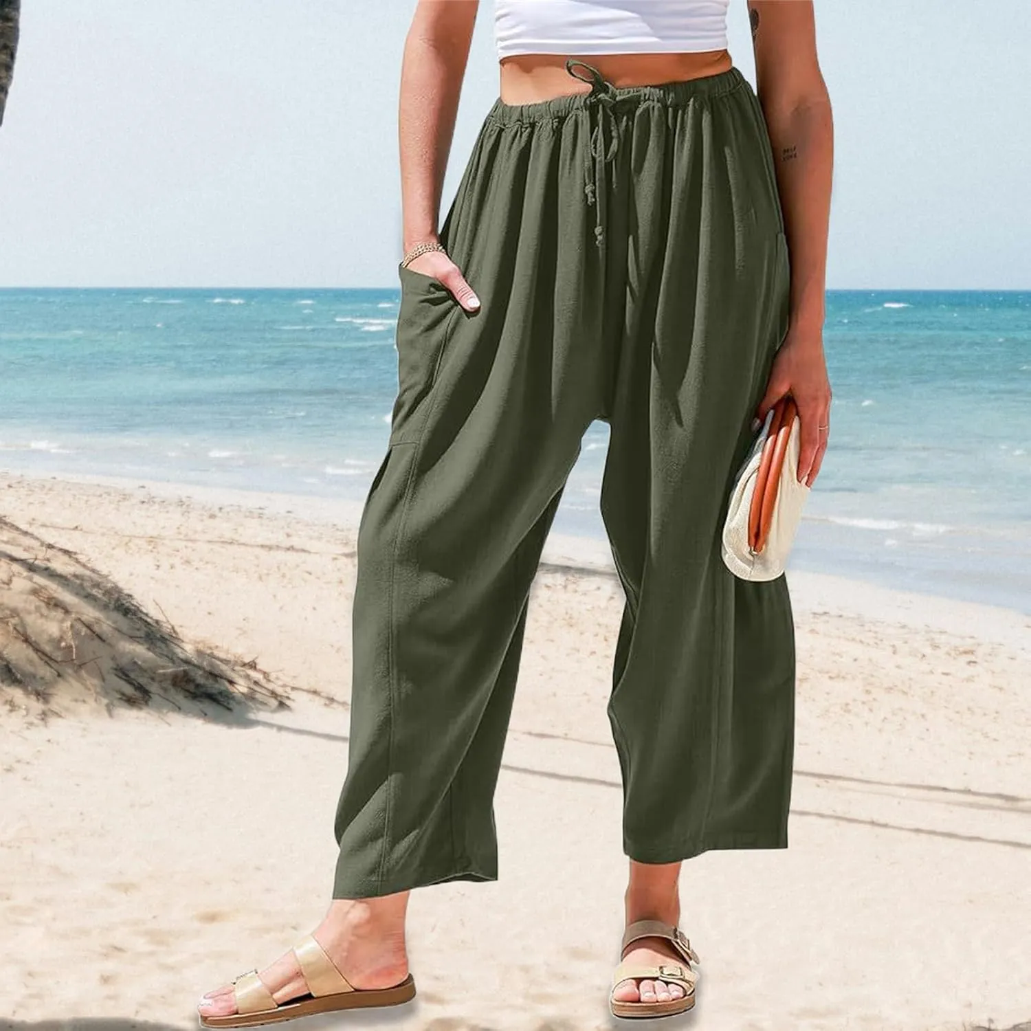 Wide Leg Capri Pant for Women Fashion High Waisted Pants Loose Palazzo Pant Drawstring Workout Sweatpants with Pockets