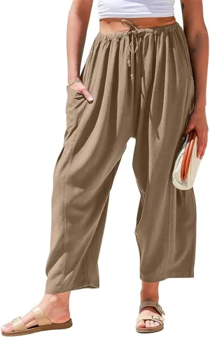 Wide Leg Capri Pant for Women Fashion High Waisted Pants Loose Palazzo Pant Drawstring Workout Sweatpants with Pockets
