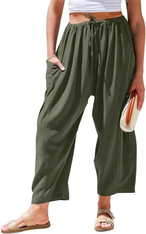 Wide Leg Capri Pant for Women Fashion High Waisted Pants Loose Palazzo Pant Drawstring Workout Sweatpants with Pockets
