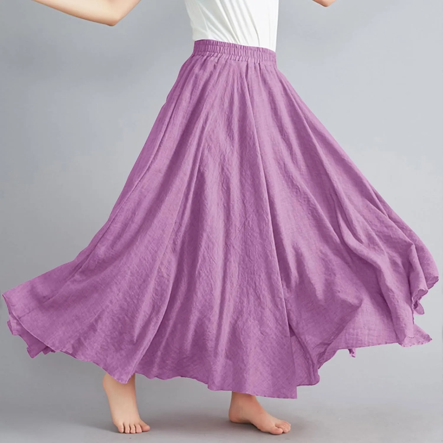 Women Bohemian Beach A-Line Dress Elastic High Waist Maxi Linen Skirt Summer Casual Boho Swing Flowy Long Skirts