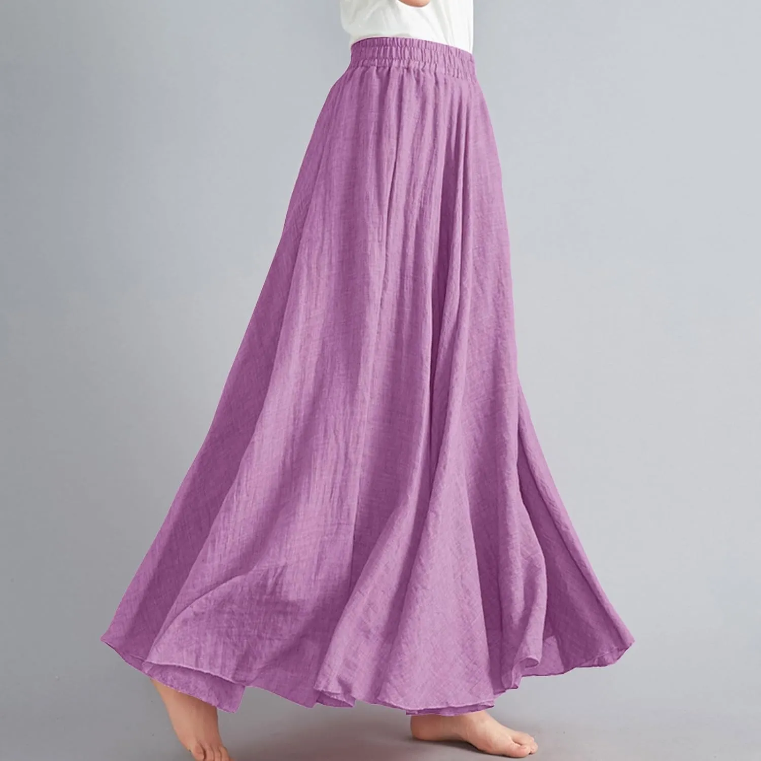Women Bohemian Beach A-Line Dress Elastic High Waist Maxi Linen Skirt Summer Casual Boho Swing Flowy Long Skirts