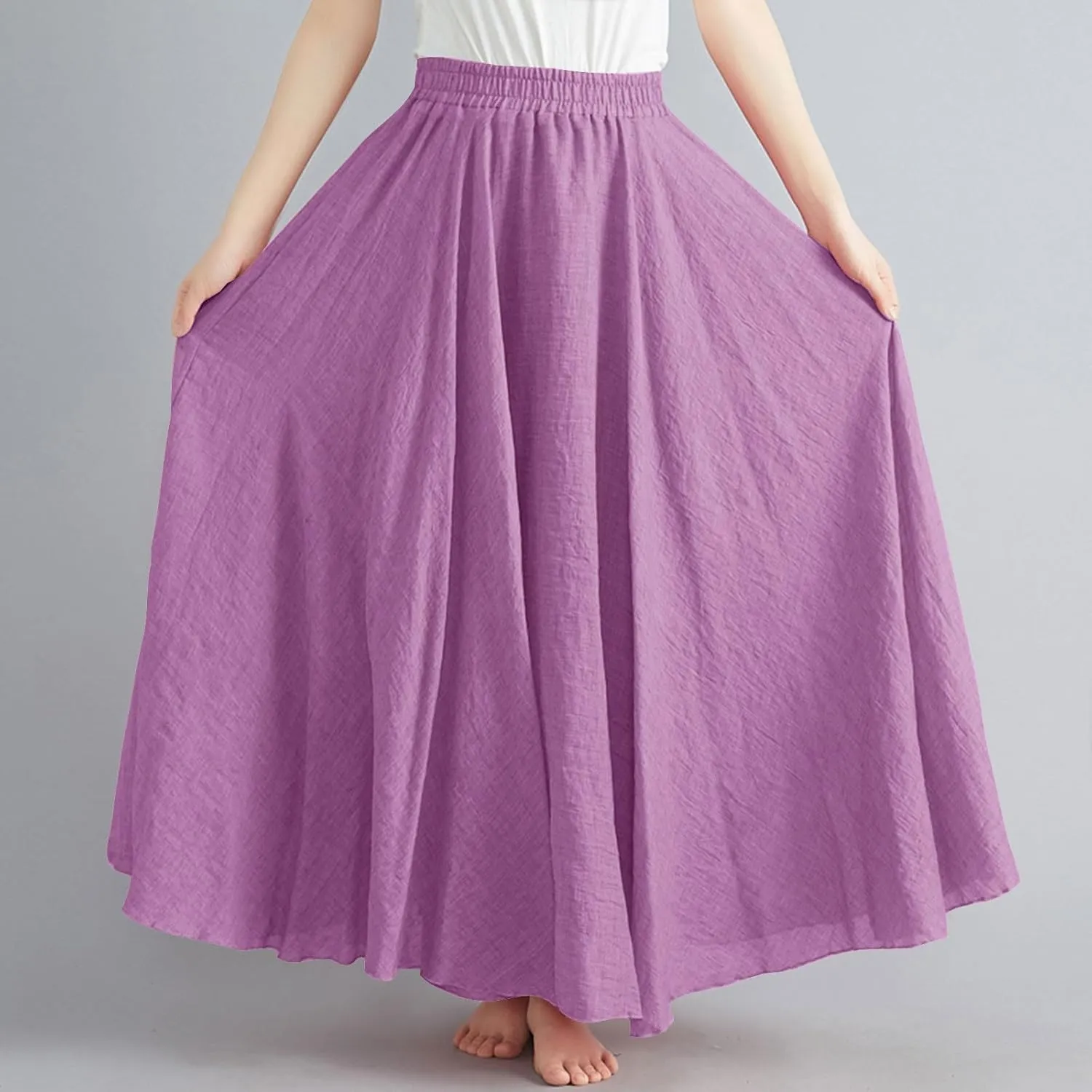 Women Bohemian Beach A-Line Dress Elastic High Waist Maxi Linen Skirt Summer Casual Boho Swing Flowy Long Skirts