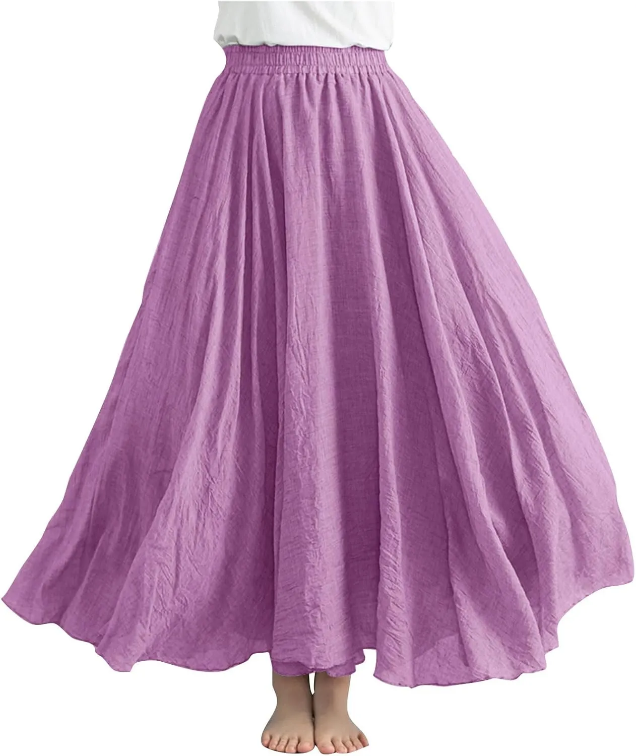 Women Bohemian Beach A-Line Dress Elastic High Waist Maxi Linen Skirt Summer Casual Boho Swing Flowy Long Skirts