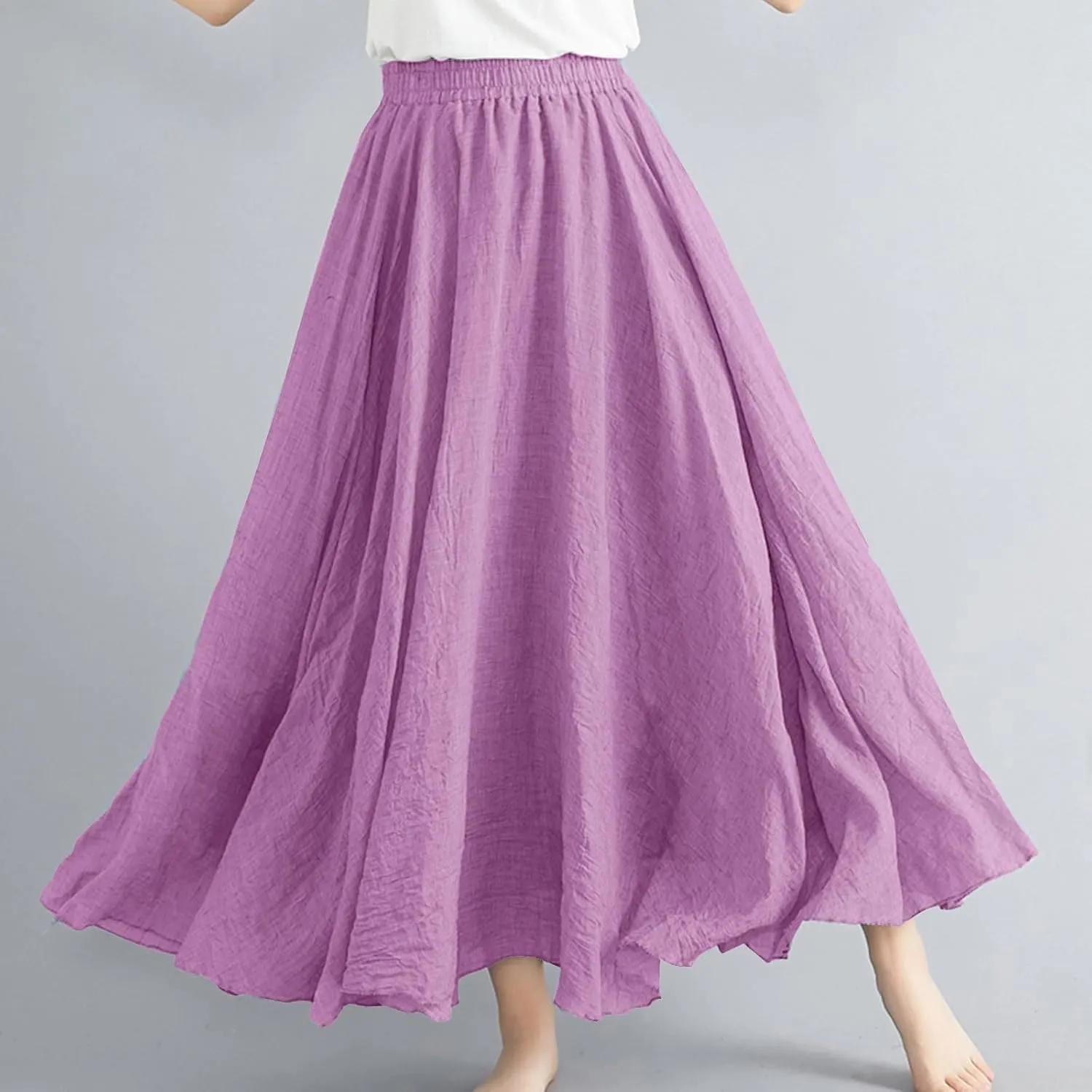 Women Bohemian Beach A-Line Dress Elastic High Waist Maxi Linen Skirt Summer Casual Boho Swing Flowy Long Skirts