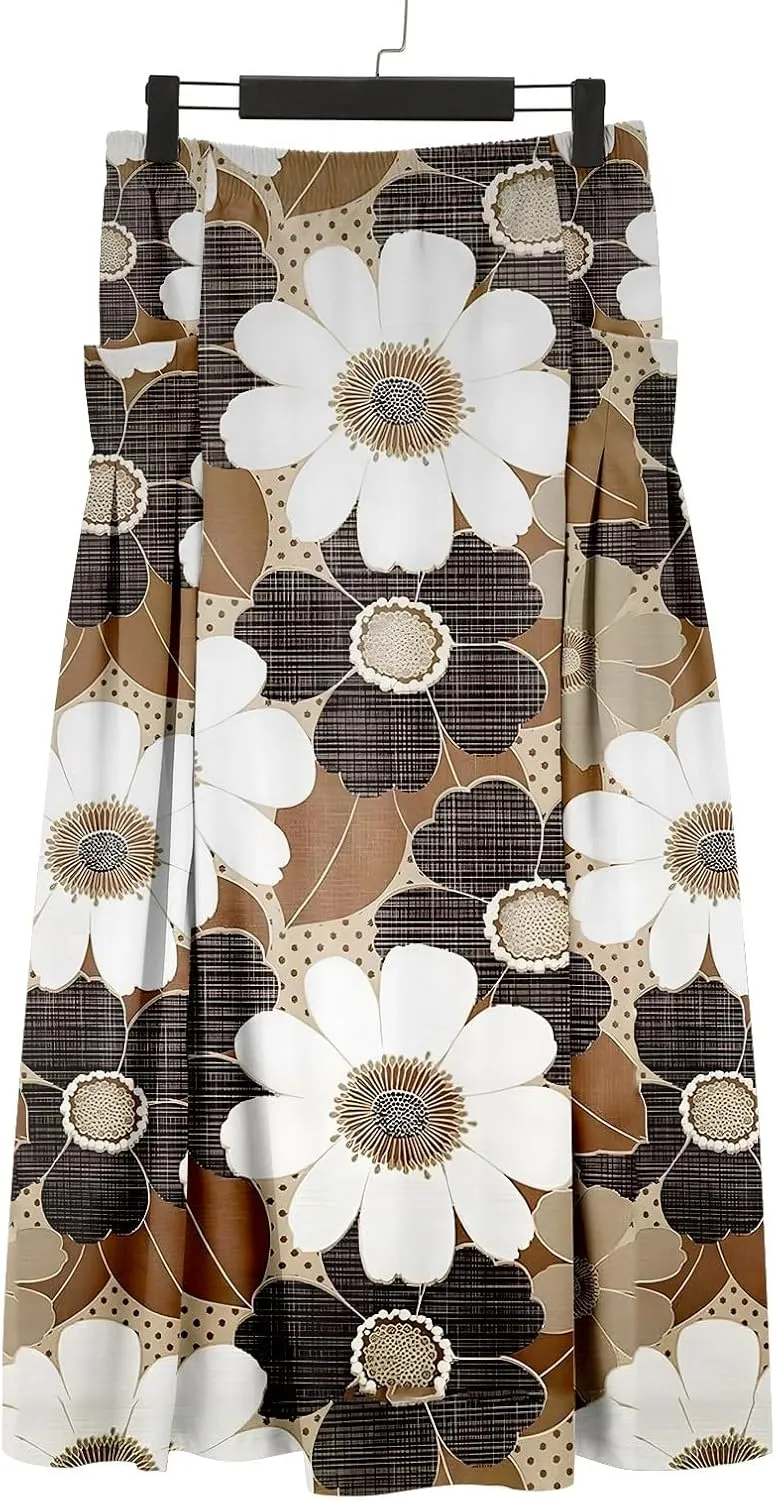 Women Casual Floral Print Boho Maxi Skirt Elastic High Waist Tiered Pleated Flowy Long Summer Beach