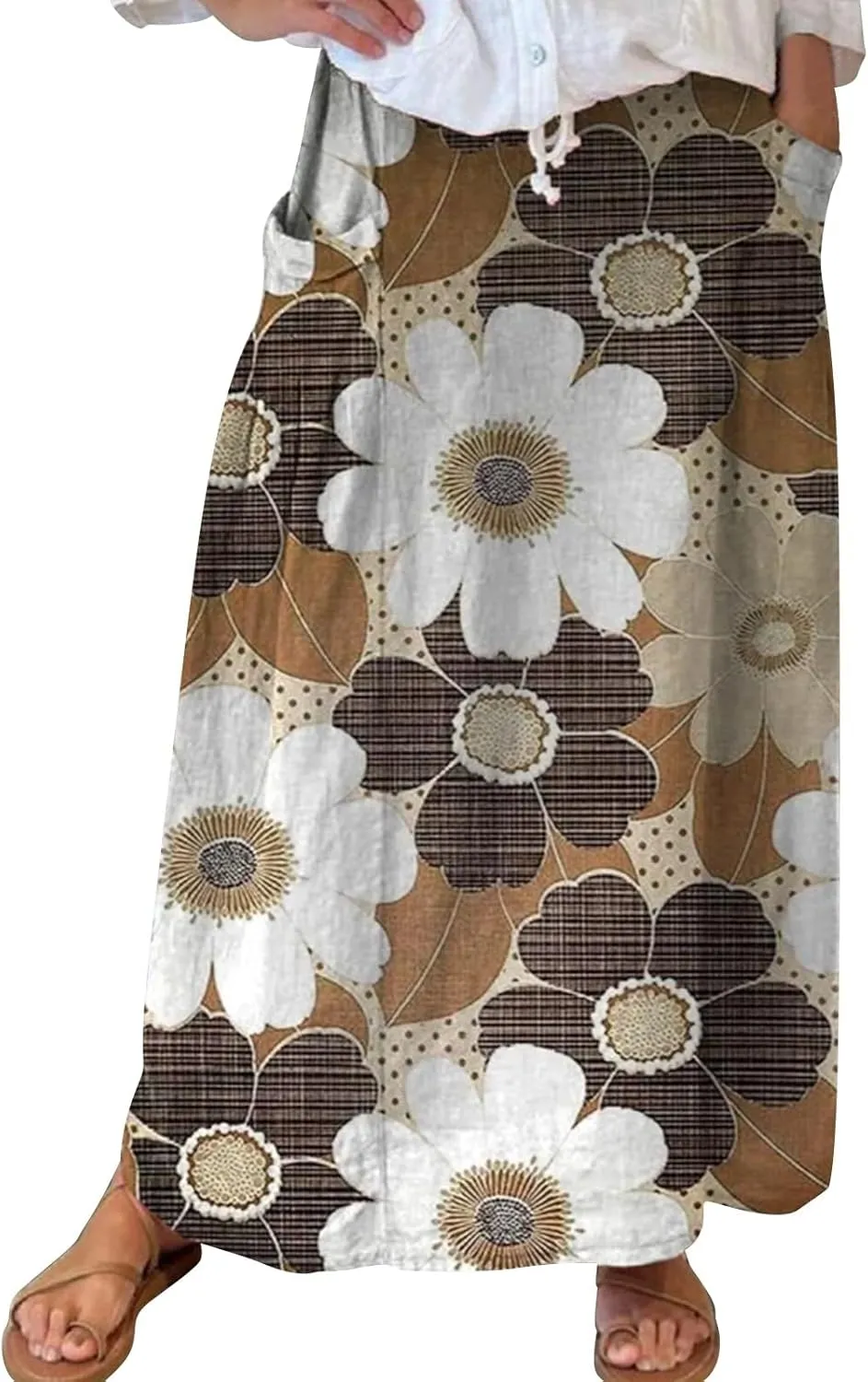 Women Casual Floral Print Boho Maxi Skirt Elastic High Waist Tiered Pleated Flowy Long Summer Beach