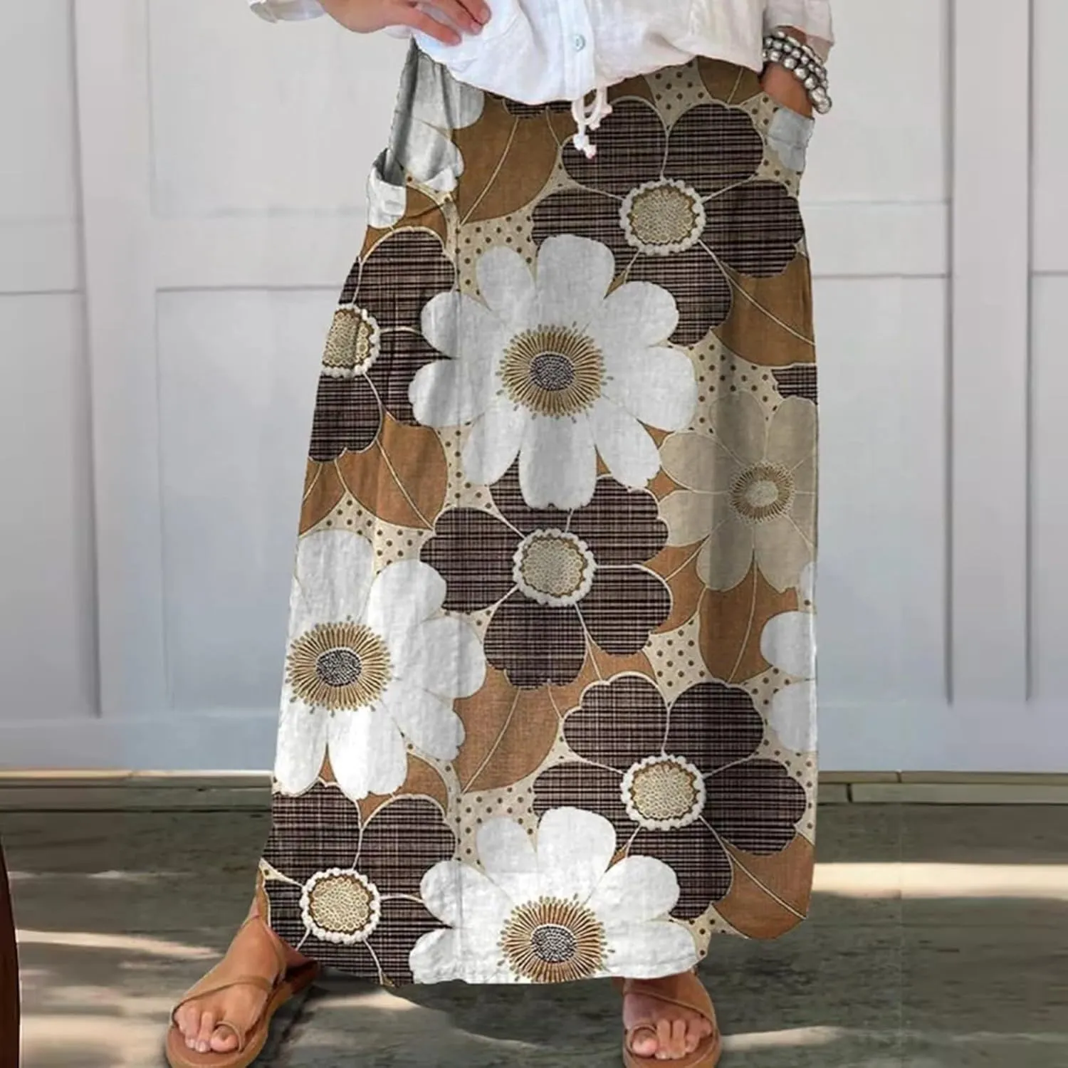 Women Casual Floral Print Boho Maxi Skirt Elastic High Waist Tiered Pleated Flowy Long Summer Beach
