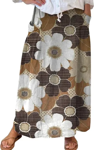 Women Casual Floral Print Boho Maxi Skirt Elastic High Waist Tiered Pleated Flowy Long Summer Beach
