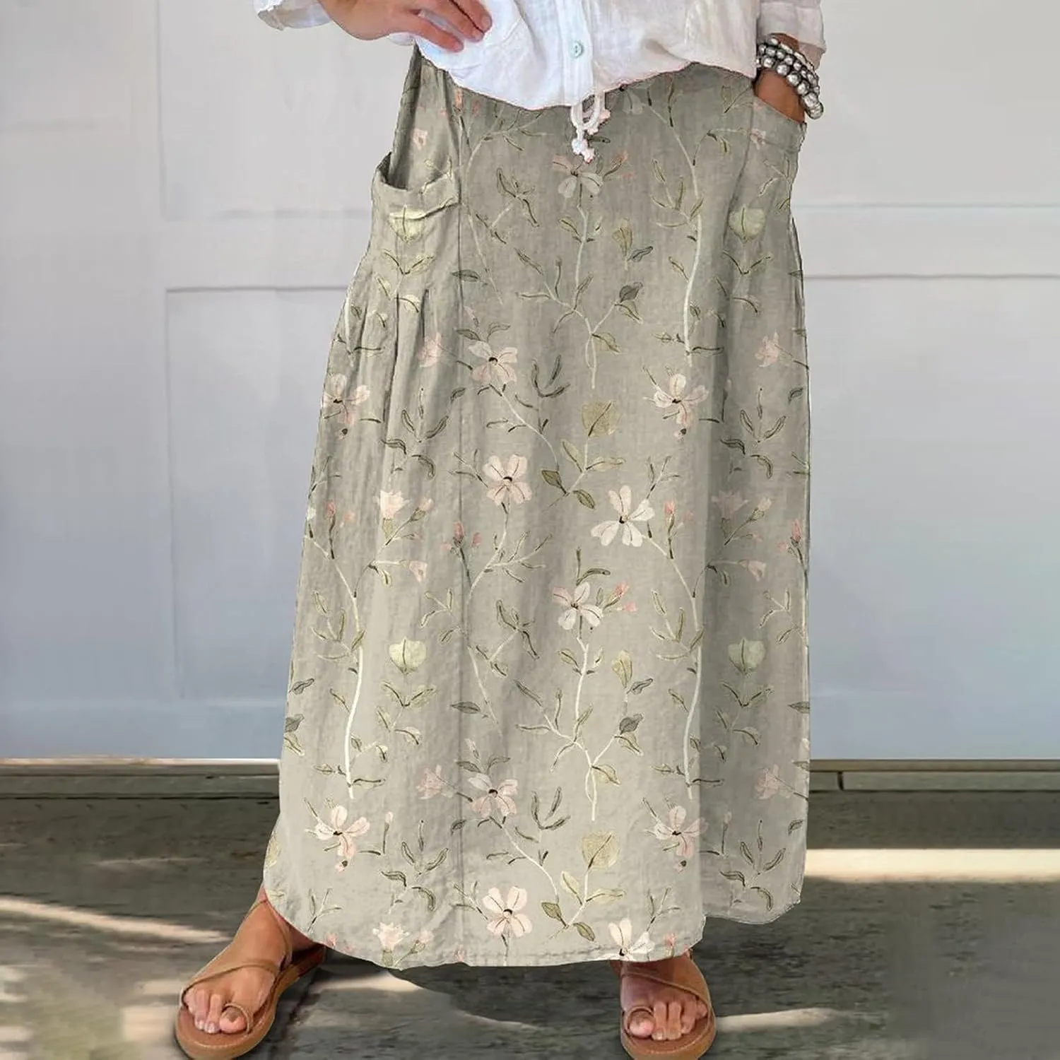 Women Casual Flowy Long Maxi Skirts Boho Floral Elastic High Waist Tiered Pleated Summer Beach Skirt
