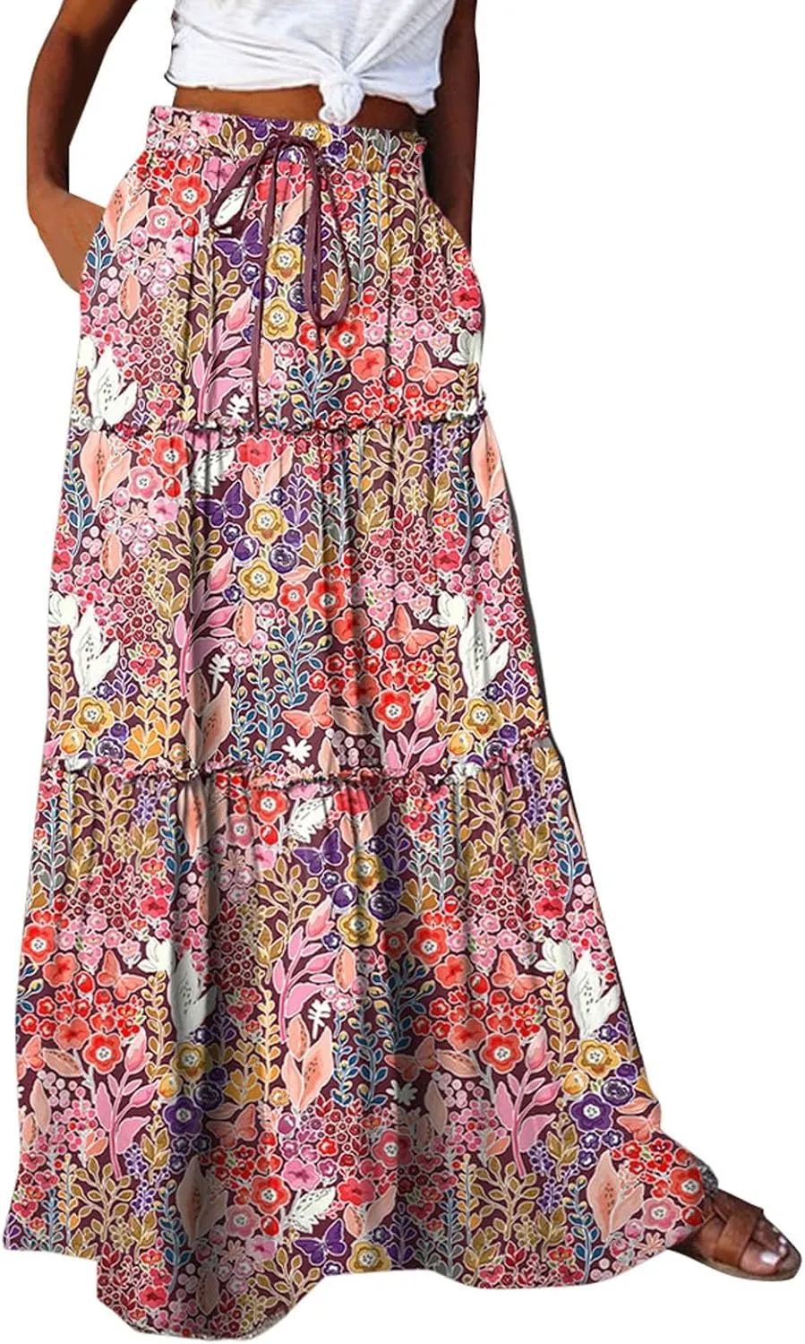 Women Casual Flowy Long Maxi Skirts Boho Floral Elastic High Waist Tiered Pleated Summer Beach Skirt