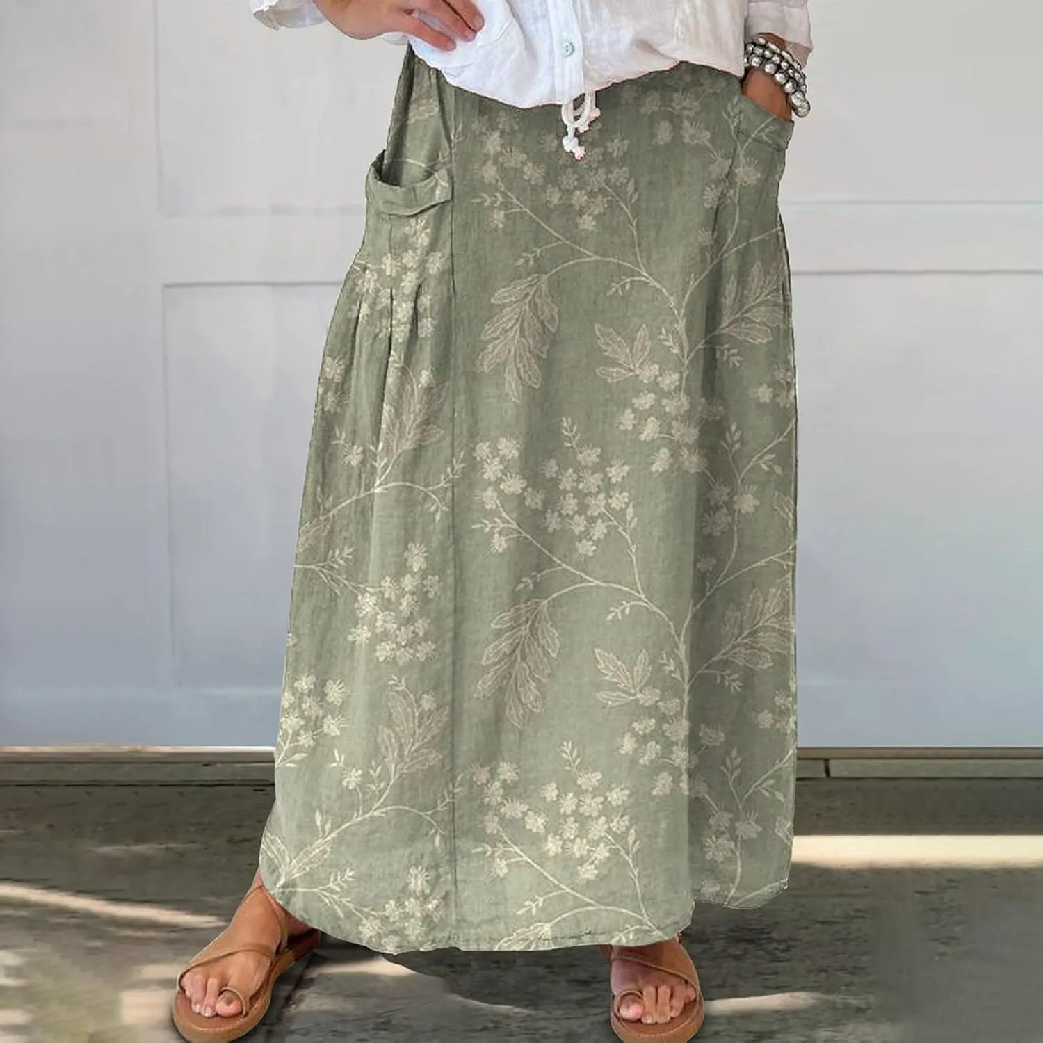Women Casual Flowy Long Maxi Skirts Boho Floral Elastic High Waist Tiered Pleated Summer Beach Skirt