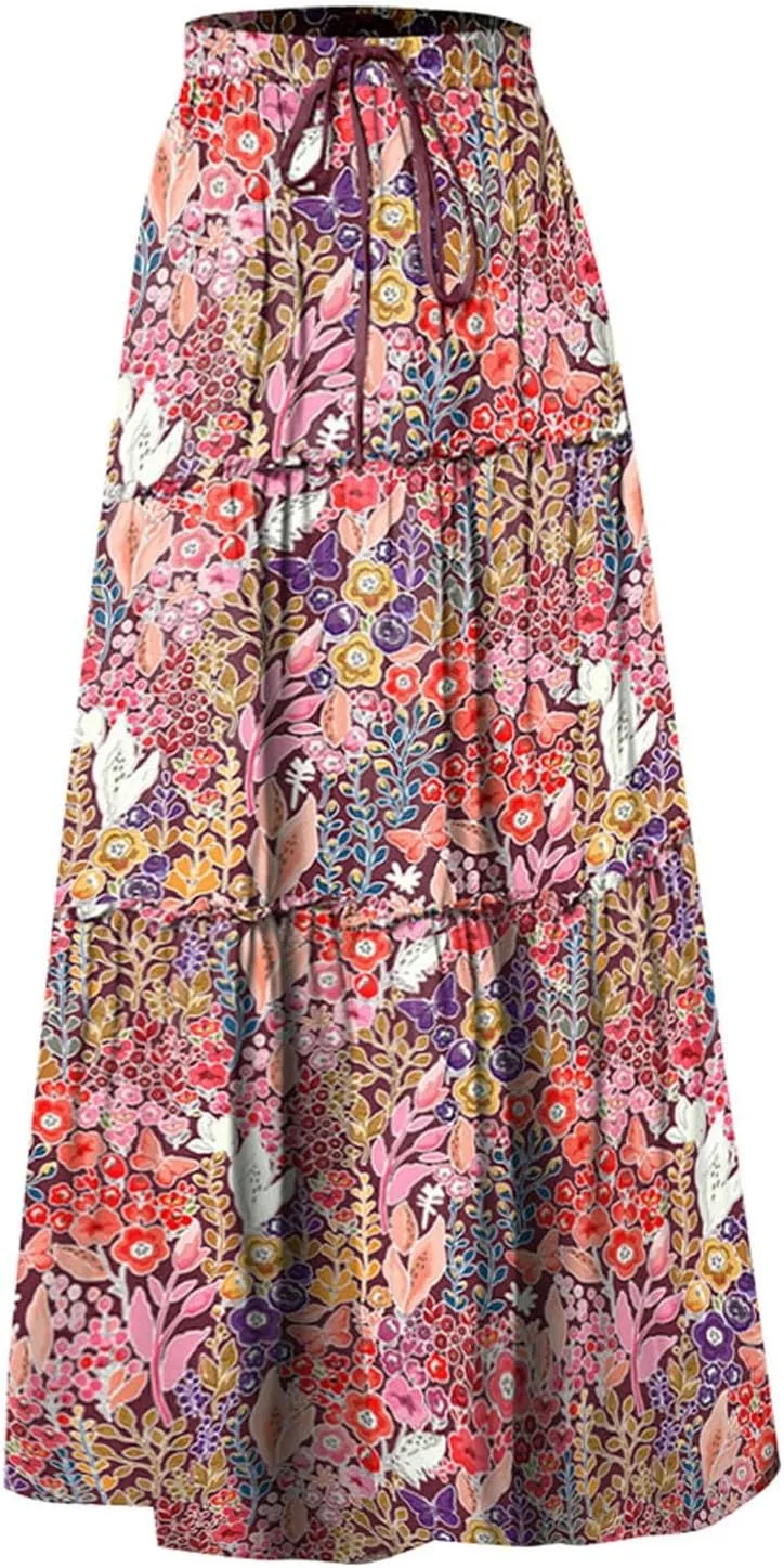 Women Casual Flowy Long Maxi Skirts Boho Floral Elastic High Waist Tiered Pleated Summer Beach Skirt
