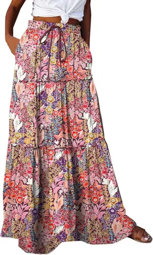 Women Casual Flowy Long Maxi Skirts Boho Floral Elastic High Waist Tiered Pleated Summer Beach Skirt