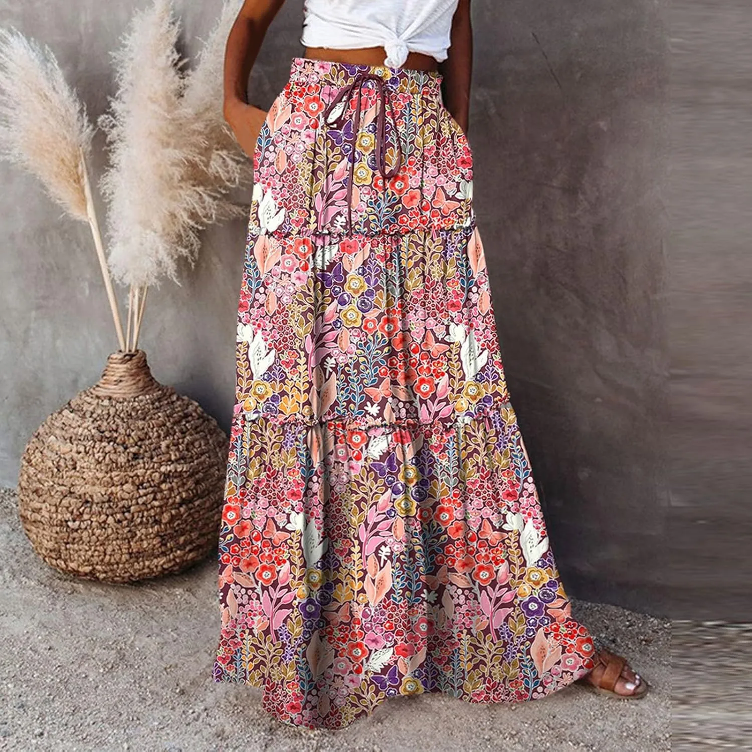Women Casual Flowy Long Maxi Skirts Boho Floral Elastic High Waist Tiered Pleated Summer Beach Skirt