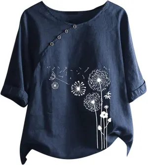 Women Dandelion Linen Shirts Short Sleeve Peasant Vintage Floral Tunic Tops 2025 Trendy Loose Fit Tee Shirts Blouse