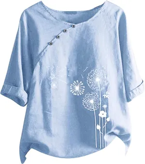 Women Dandelion Linen Shirts Short Sleeve Peasant Vintage Floral Tunic Tops 2025 Trendy Loose Fit Tee Shirts Blouse