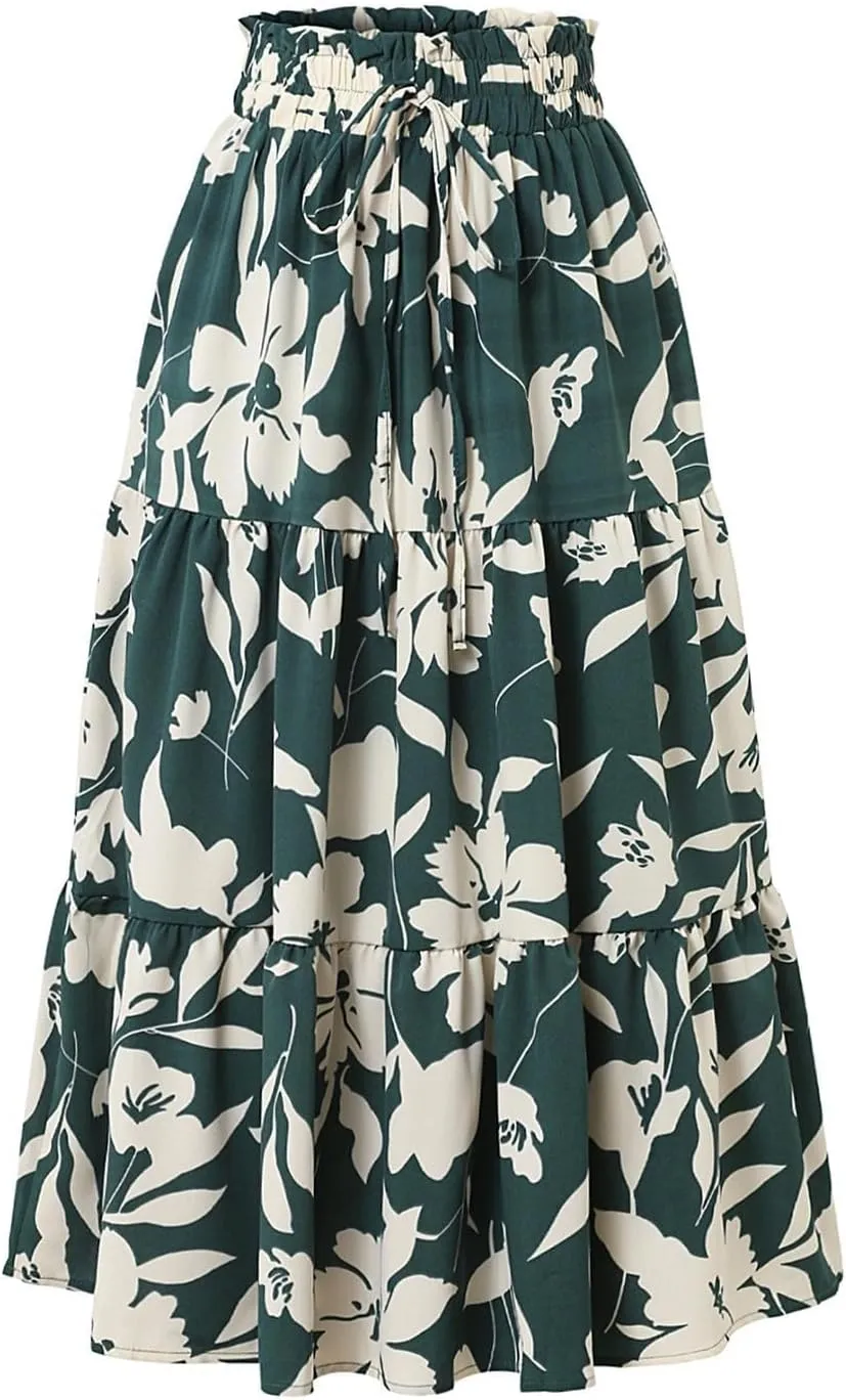 Women Elastic High Waist Boho Floral Maxi Skirt Tiered Pleated Flowy Long Summer Casual Beach Skirt with Pockets