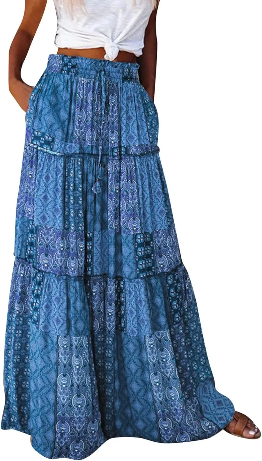 Women Elastic High Waist Boho Floral Maxi Skirt Tiered Pleated Flowy Long Summer Casual Beach Skirt with Pockets