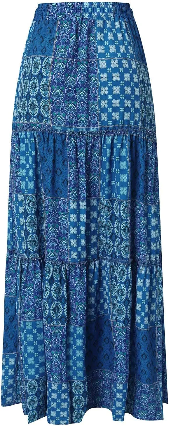 Women Elastic High Waist Boho Floral Maxi Skirt Tiered Pleated Flowy Long Summer Casual Beach Skirt with Pockets