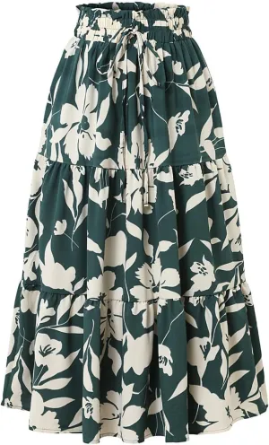 Women Elastic High Waist Boho Floral Maxi Skirt Tiered Pleated Flowy Long Summer Casual Beach Skirt with Pockets