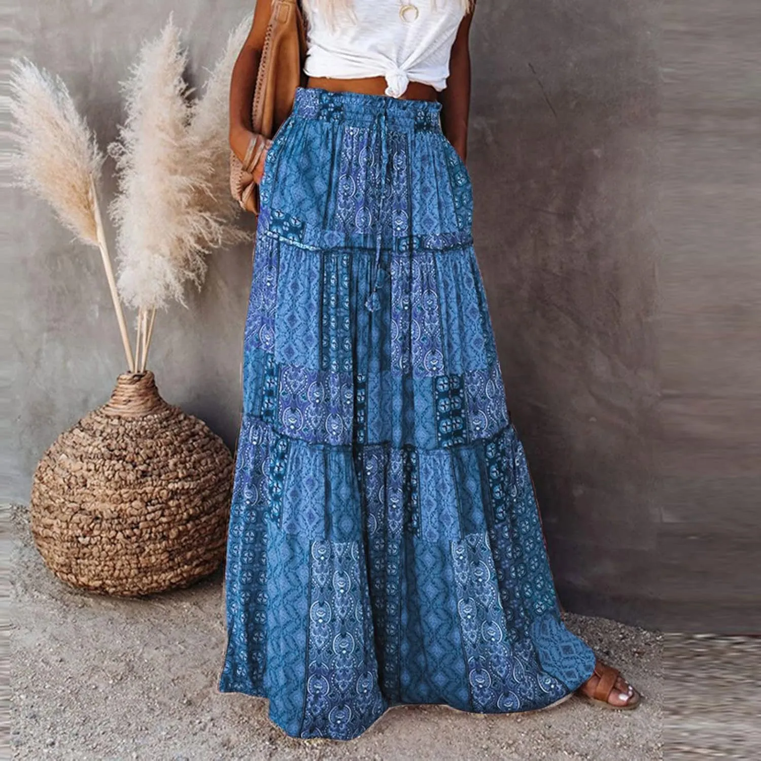 Women Elastic High Waist Boho Floral Maxi Skirt Tiered Pleated Flowy Long Summer Casual Beach Skirt with Pockets