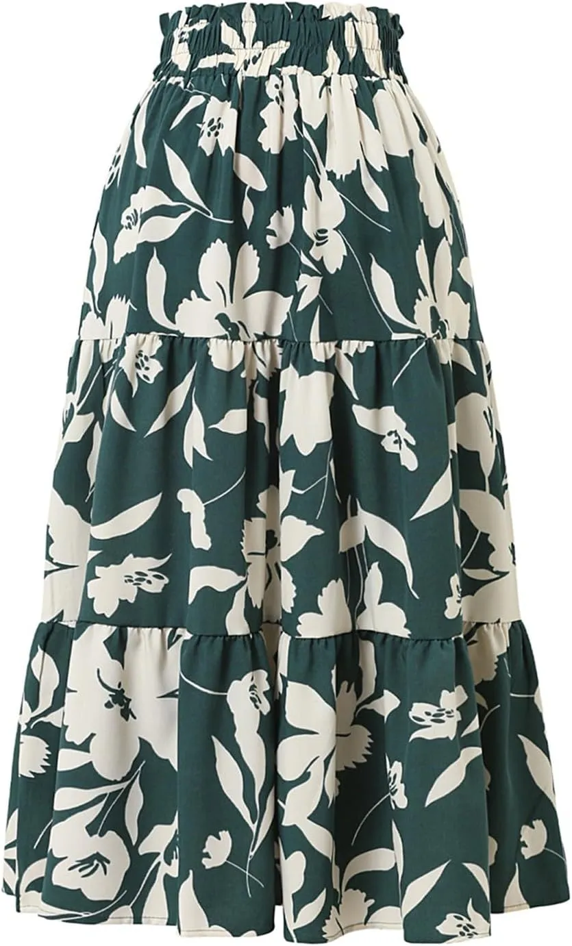 Women Elastic High Waist Boho Floral Maxi Skirt Tiered Pleated Flowy Long Summer Casual Beach Skirt with Pockets