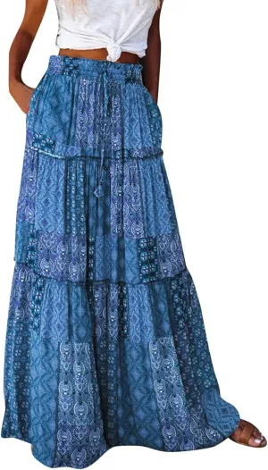 Women Elastic High Waist Boho Floral Maxi Skirt Tiered Pleated Flowy Long Summer Casual Beach Skirt with Pockets