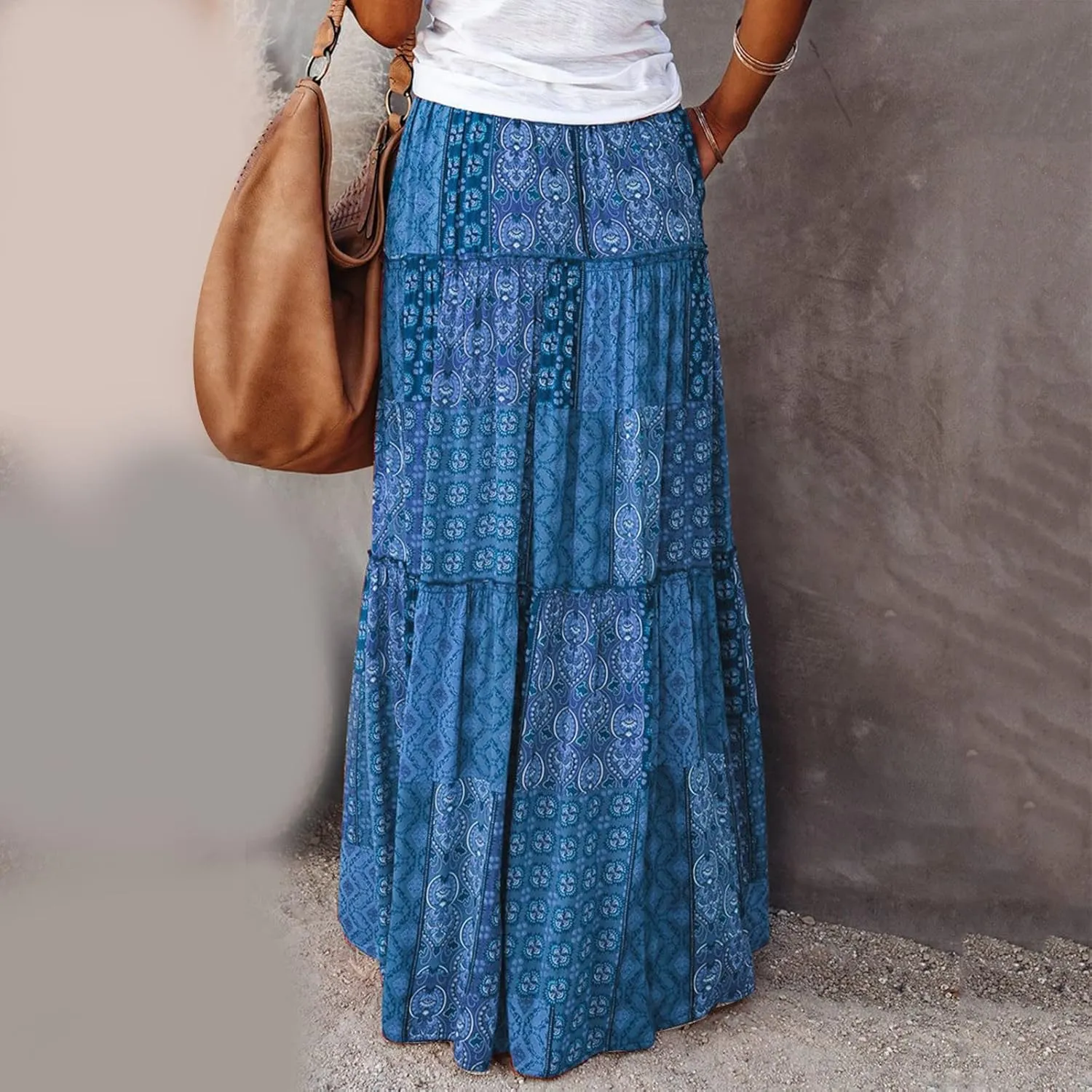 Women Elastic High Waist Boho Floral Maxi Skirt Tiered Pleated Flowy Long Summer Casual Beach Skirt with Pockets
