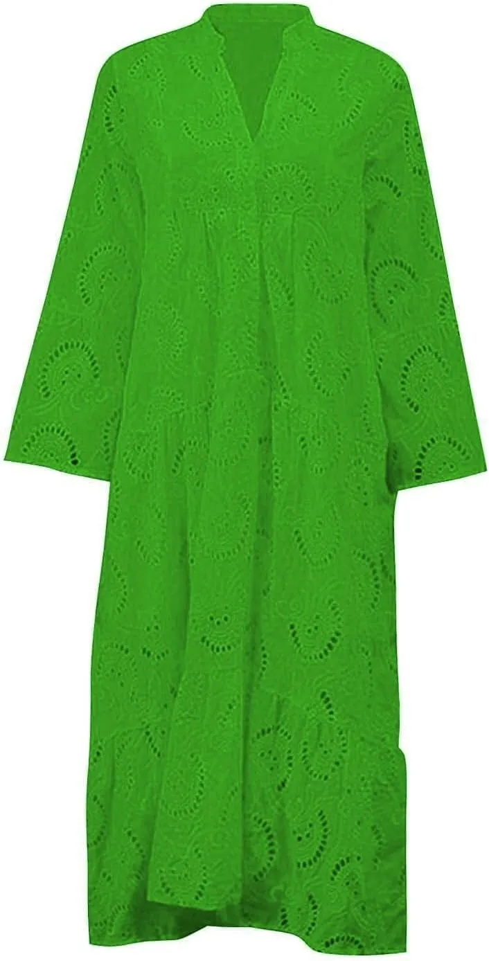 Women Eyelet Dress Boho Elegant Lace Hollow Summer V Neck Bell Sleeve Ruffle Casual Flowy Long Maxi Dresses