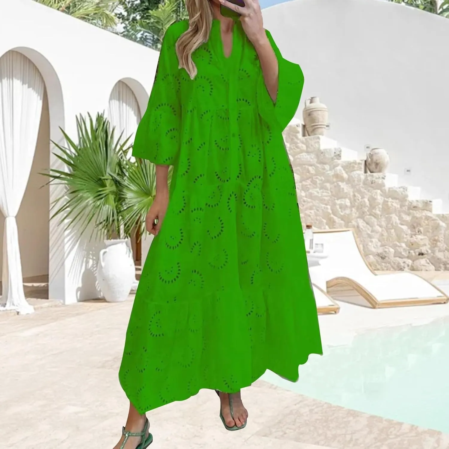 Women Eyelet Dress Boho Elegant Lace Hollow Summer V Neck Bell Sleeve Ruffle Casual Flowy Long Maxi Dresses