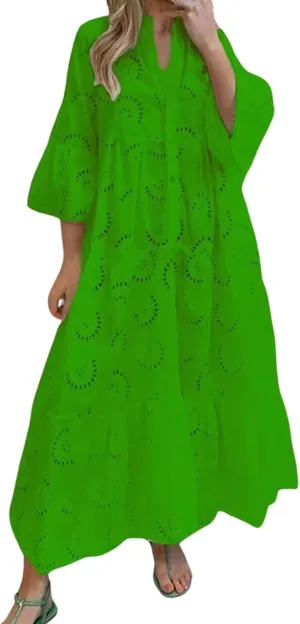 Women Eyelet Dress Boho Elegant Lace Hollow Summer V Neck Bell Sleeve Ruffle Casual Flowy Long Maxi Dresses