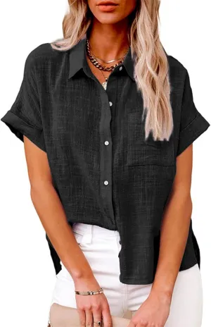 Women Linen Shirts Casual Short Sleeve Shirts Fashion V Neck Collared Button Down Tops Summer Work Blouses with Pocket