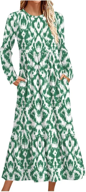 Women Long Sleeve Crewneck Dress Vintage Floral Print Loose Dress Lightweight Breathable Ruffle Trim Long Dress