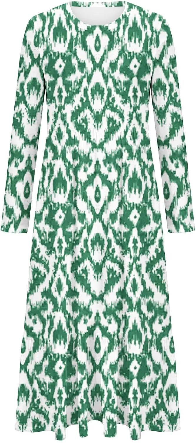 Women Long Sleeve Crewneck Dress Vintage Floral Print Loose Dress Lightweight Breathable Ruffle Trim Long Dress