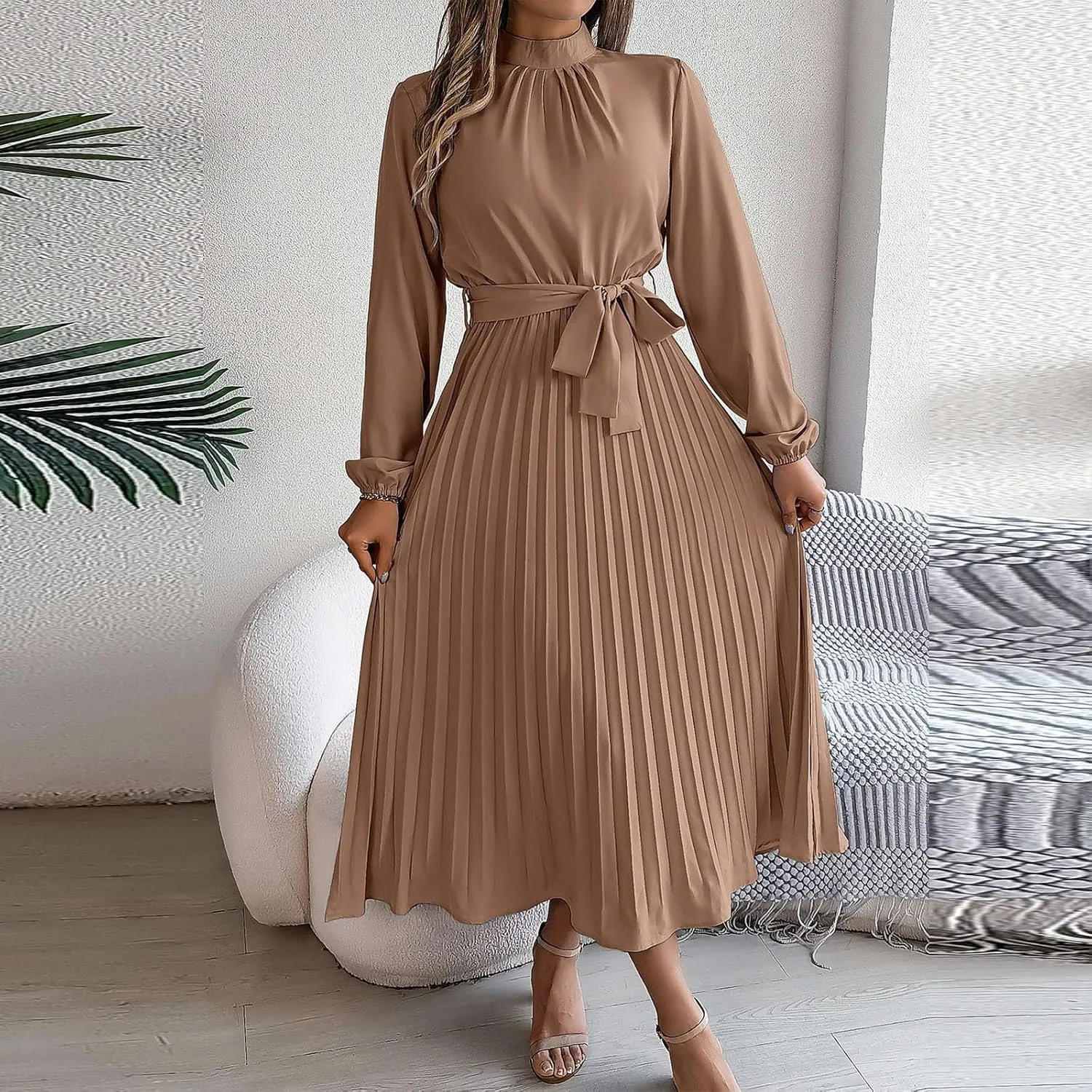 Women Pleated Midi Dress Casual Long Sleeve Waist Lace Up A-Line Work Wrap Dress Dressy Solid Flowy Vacation Dress