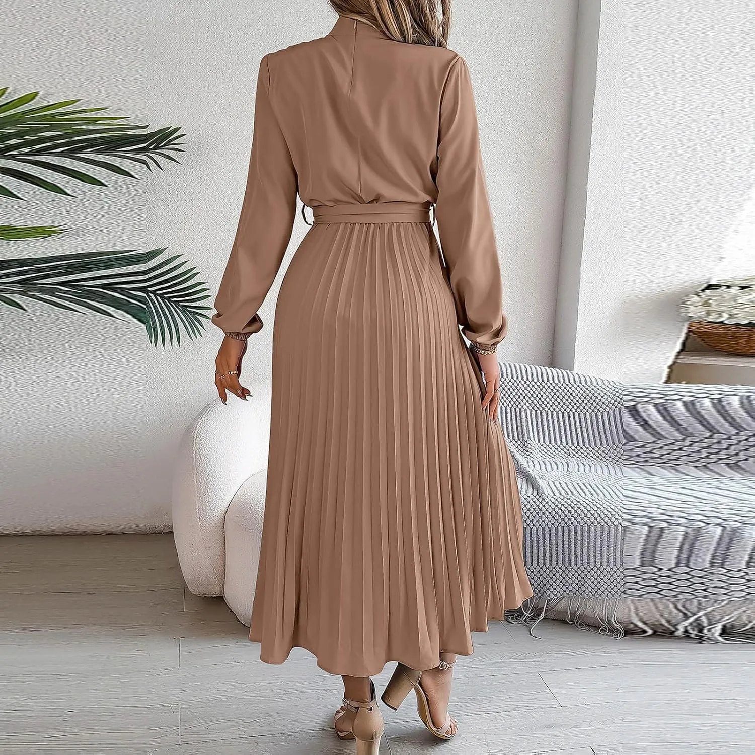 Women Pleated Midi Dress Casual Long Sleeve Waist Lace Up A-Line Work Wrap Dress Dressy Solid Flowy Vacation Dress