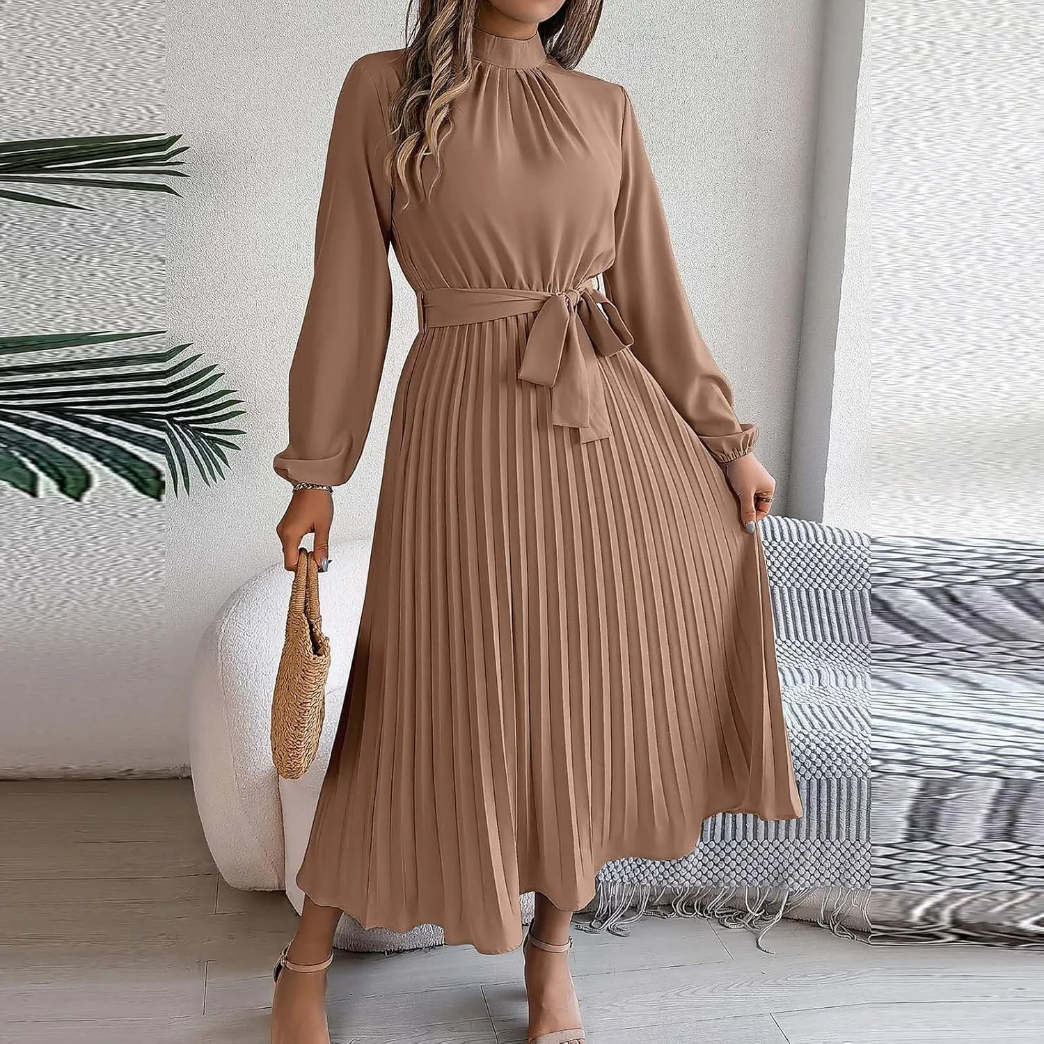 Women Pleated Midi Dress Casual Long Sleeve Waist Lace Up A-Line Work Wrap Dress Dressy Solid Flowy Vacation Dress