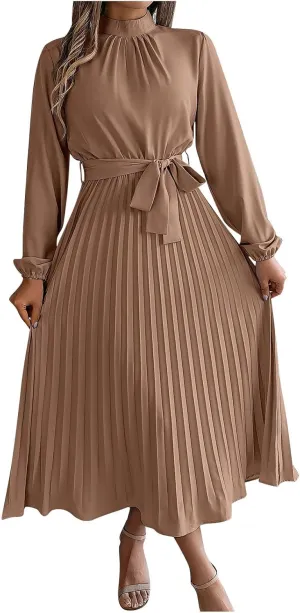 Women Pleated Midi Dress Casual Long Sleeve Waist Lace Up A-Line Work Wrap Dress Dressy Solid Flowy Vacation Dress