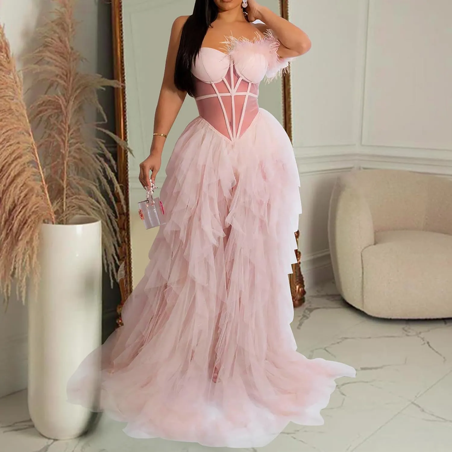 Women Sexy Tulle Dress Crochet Lace Mesh See Through Maxi Cocktail Party Dress Strapless Boho Wedding Guest Dresses