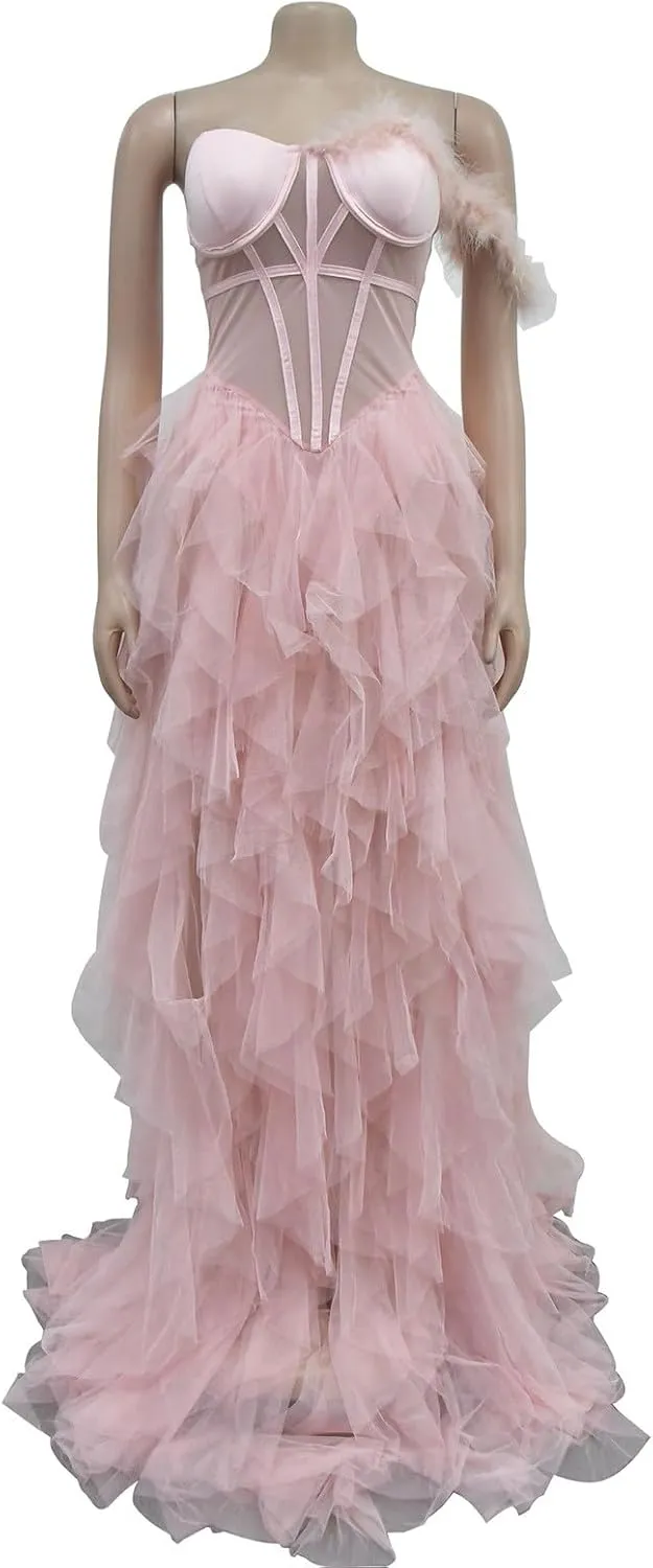 Women Sexy Tulle Dress Crochet Lace Mesh See Through Maxi Cocktail Party Dress Strapless Boho Wedding Guest Dresses