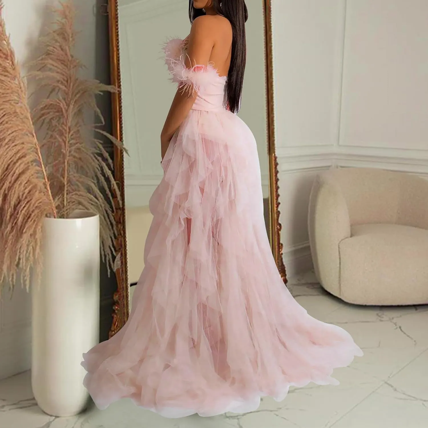 Women Sexy Tulle Dress Crochet Lace Mesh See Through Maxi Cocktail Party Dress Strapless Boho Wedding Guest Dresses