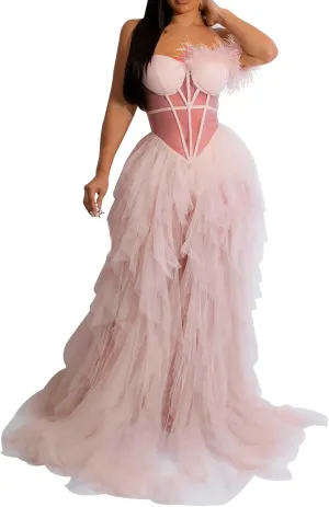 Women Sexy Tulle Dress Crochet Lace Mesh See Through Maxi Cocktail Party Dress Strapless Boho Wedding Guest Dresses