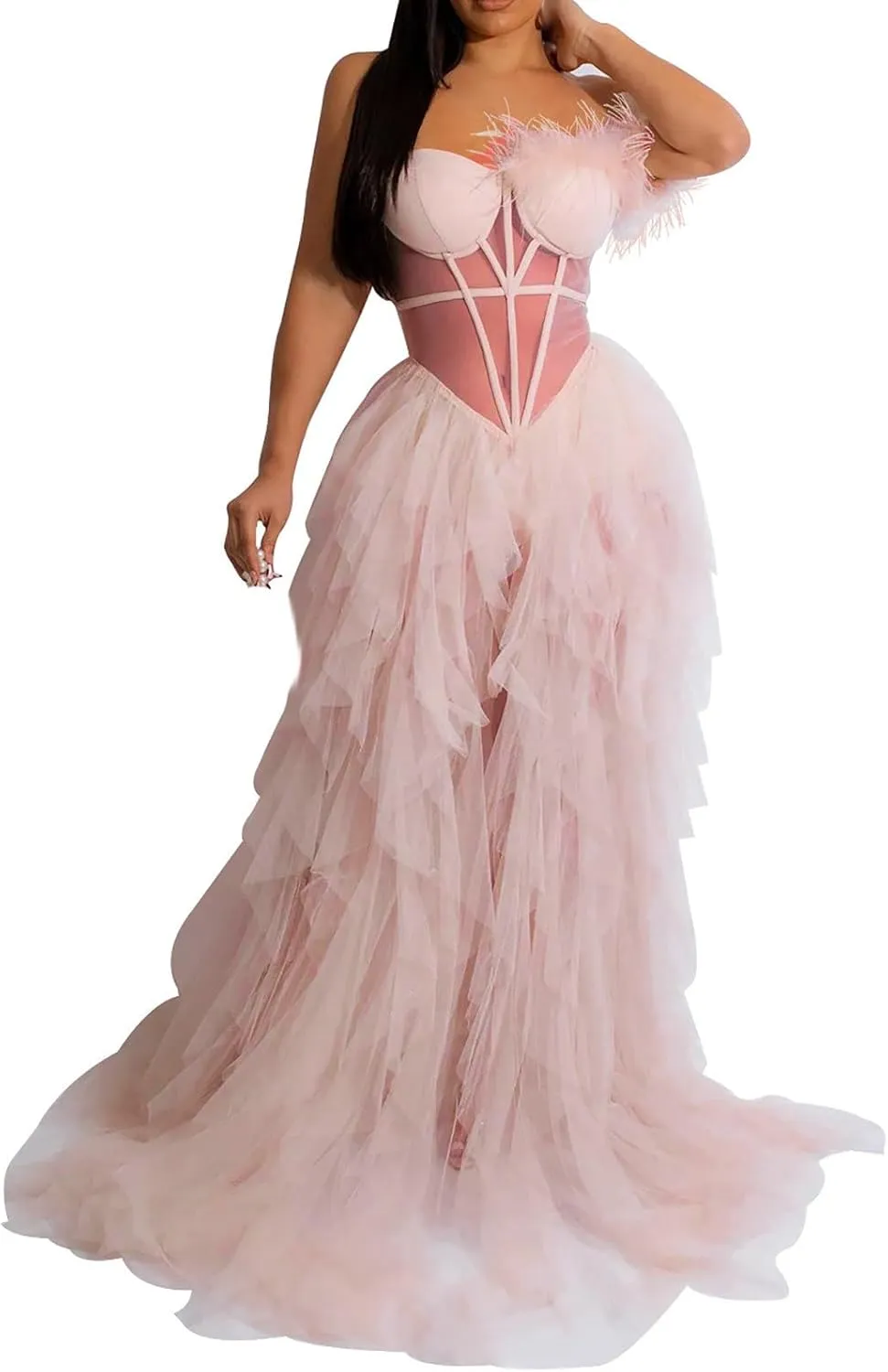Women Sexy Tulle Dress Crochet Lace Mesh See Through Maxi Cocktail Party Dress Strapless Boho Wedding Guest Dresses