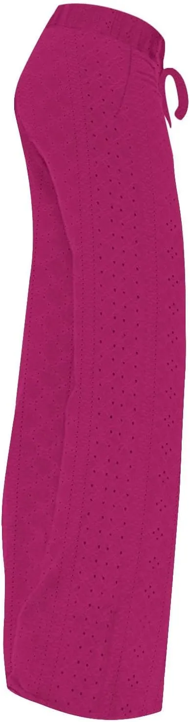 Women Straight Leg Pants Breathable Hollow Out Eyelets Wide Leg Pants Drawstring High Waist Pant Casual Yoga Trousers