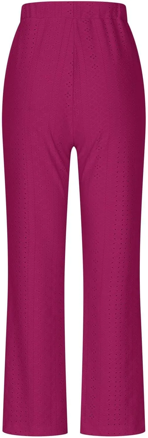 Women Straight Leg Pants Breathable Hollow Out Eyelets Wide Leg Pants Drawstring High Waist Pant Casual Yoga Trousers
