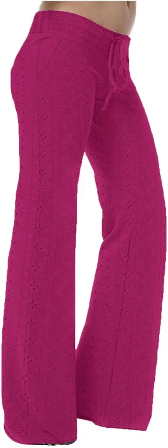 Women Straight Leg Pants Breathable Hollow Out Eyelets Wide Leg Pants Drawstring High Waist Pant Casual Yoga Trousers