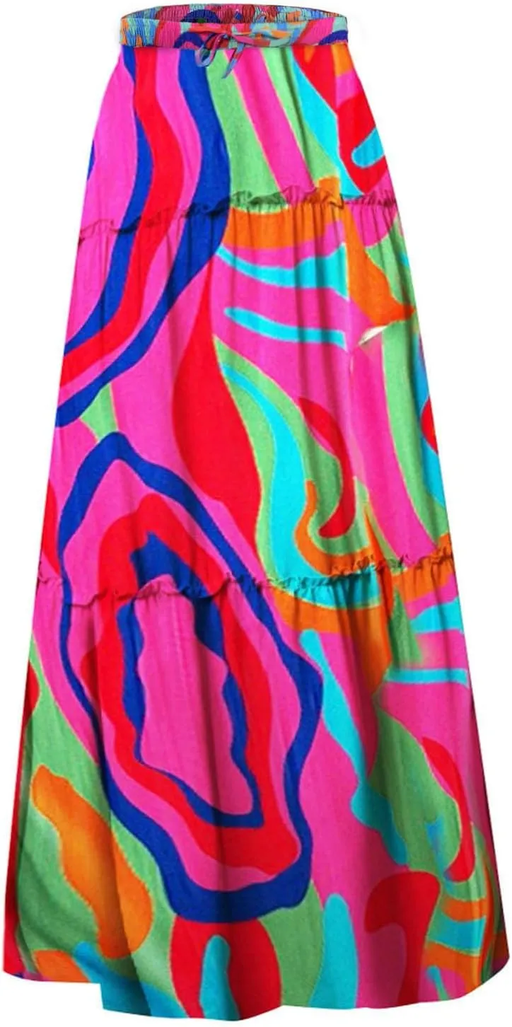 Women Summer Boho Floral Maxi Skirt Elastic High Waist Tiered Pleated Flowy Long Casual Beach Skirt