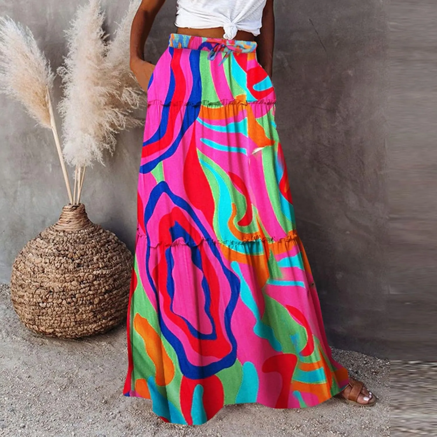 Women Summer Boho Floral Maxi Skirt Elastic High Waist Tiered Pleated Flowy Long Casual Beach Skirt