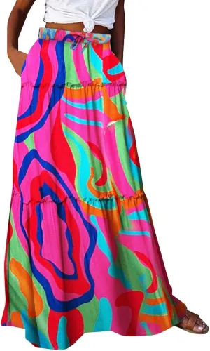 Women Summer Boho Floral Maxi Skirt Elastic High Waist Tiered Pleated Flowy Long Casual Beach Skirt